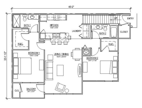 A floor plan of a two bedroom apartment with a balcony.